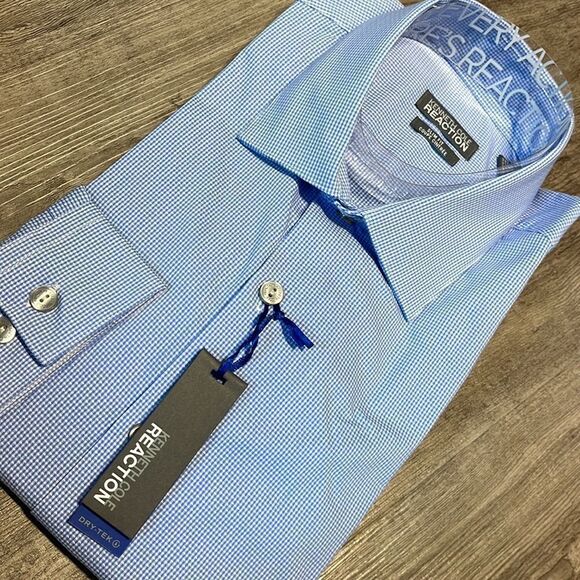 Kenneth Cole Reaction Slim-fit Dry-tek Check Dress Shirt-blue Jay-15.5-32/33 - Picture 2 of 3